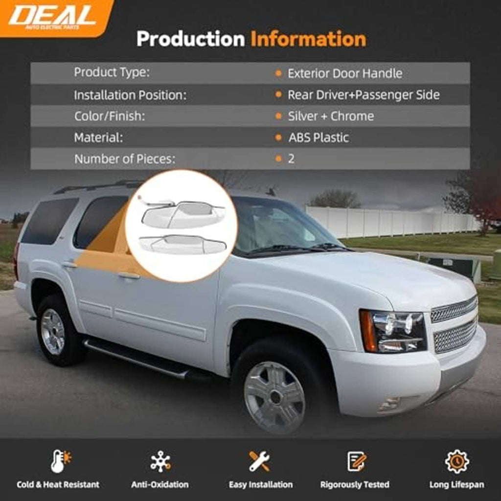 Exterior door handle set shown on a vehicle, with production info graphic and white chrome handles