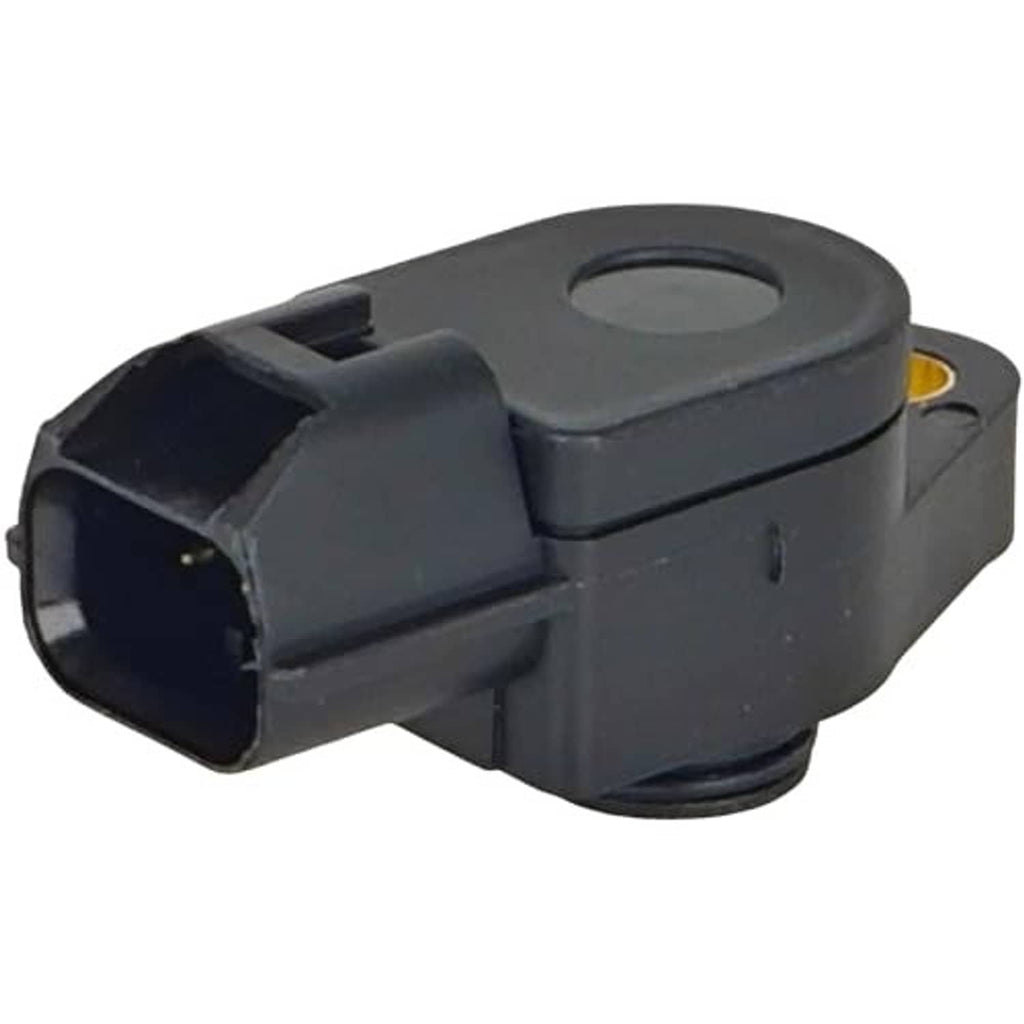 Black throttle position sensor angled view with rectangular plug and top screw threads