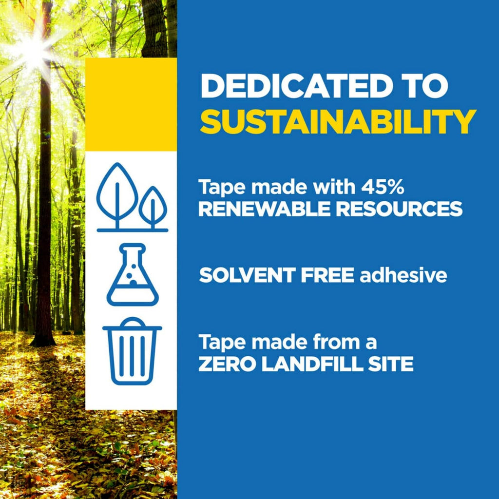 Sustainability graphic for painter's tape: 45% renewable resources, solvent-free adhesive