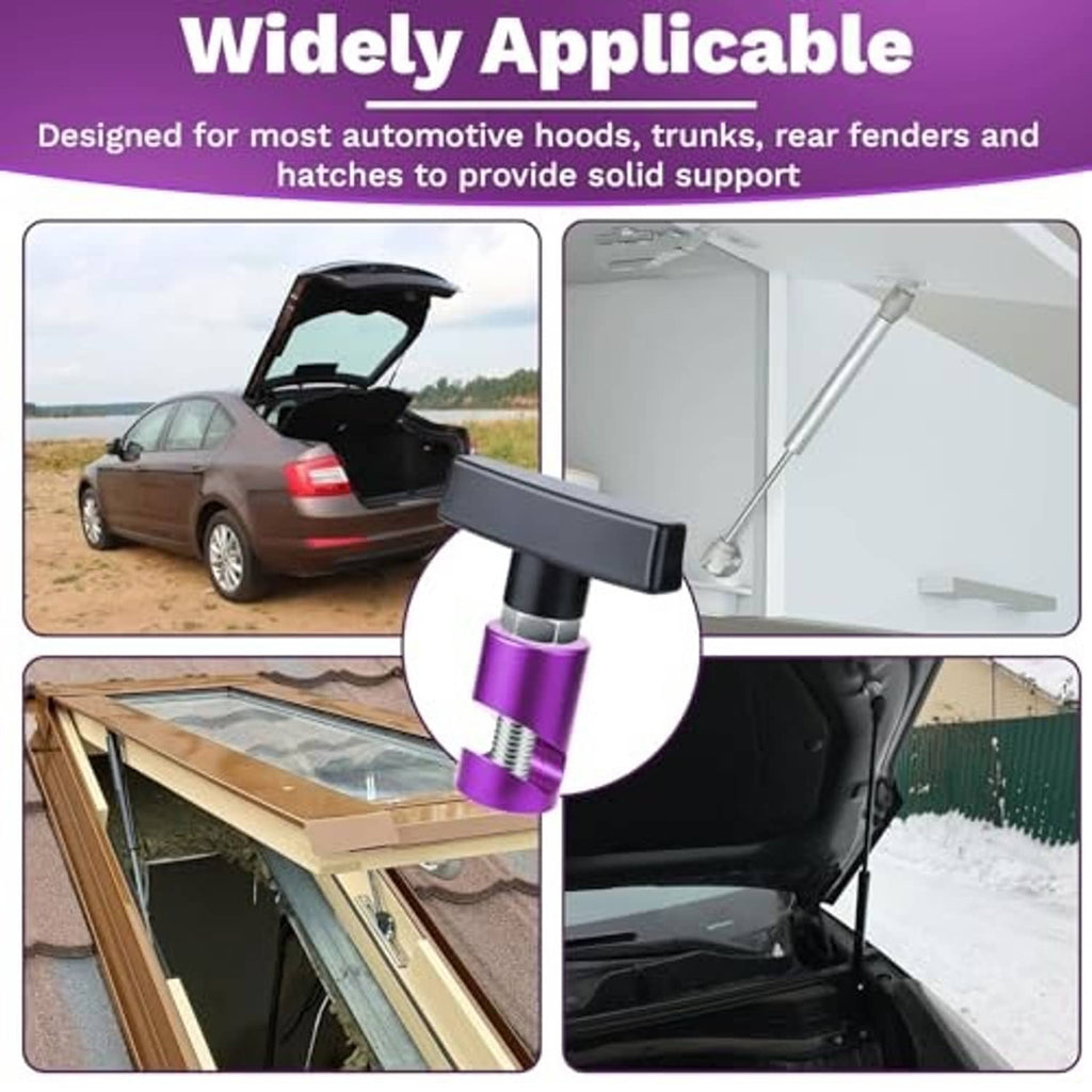 Purple hood strut clamp with black handle and visible threaded bolt.