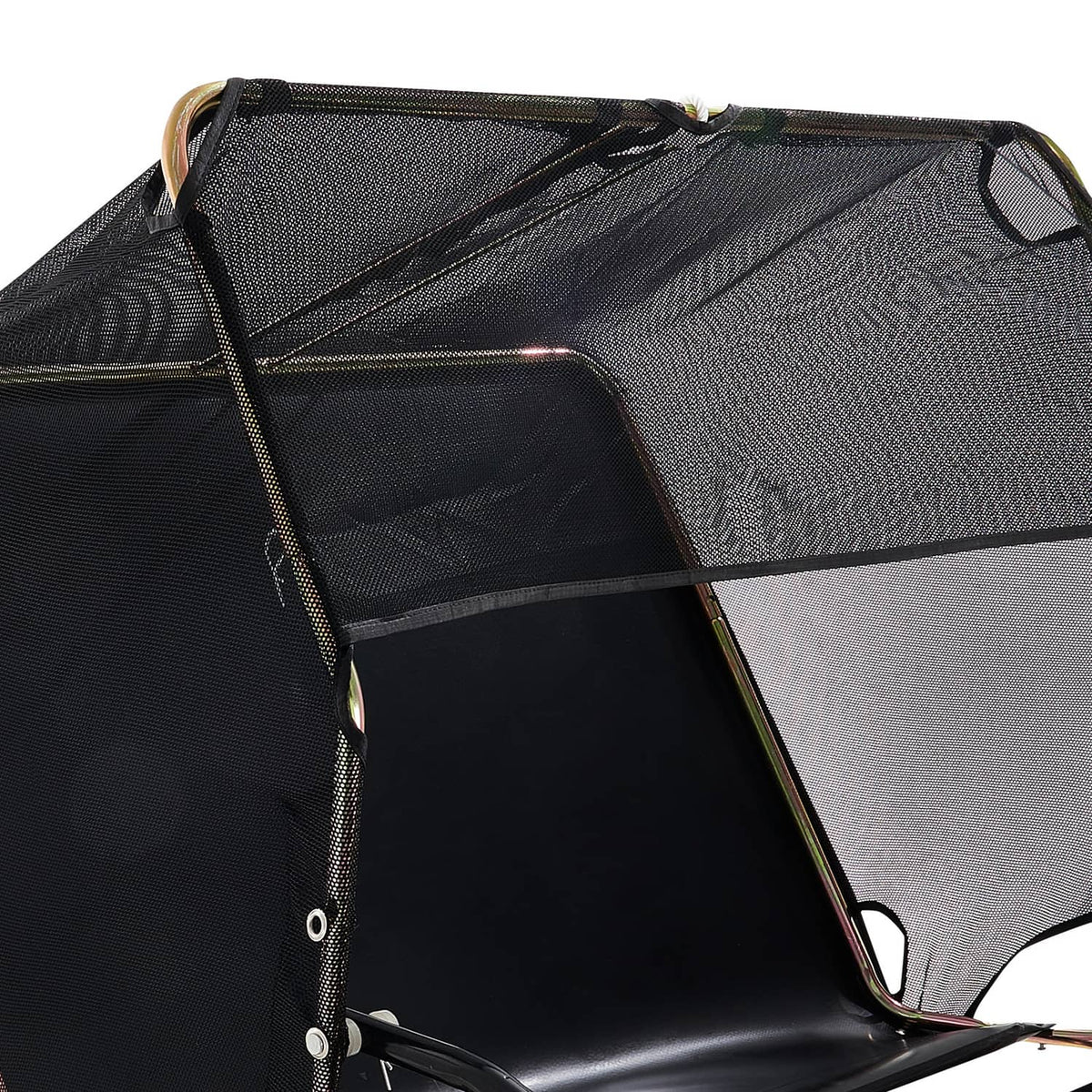 Tow-behind lawn leaf collector bag with black mesh and clear chute opening