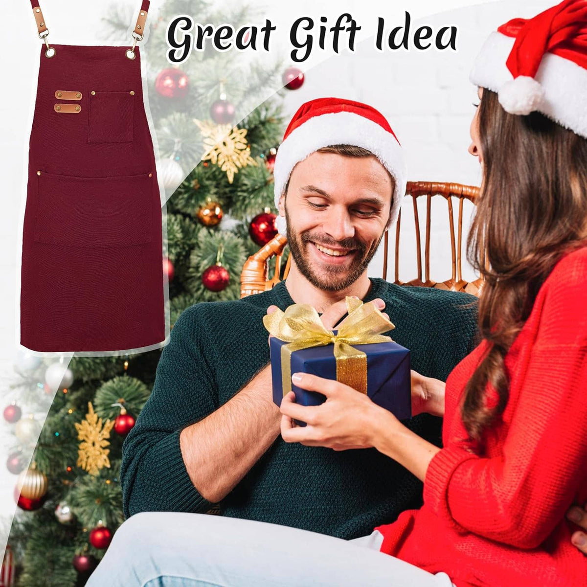 Burgundy canvas apron on man, adjustable straps with large front pocket and loops