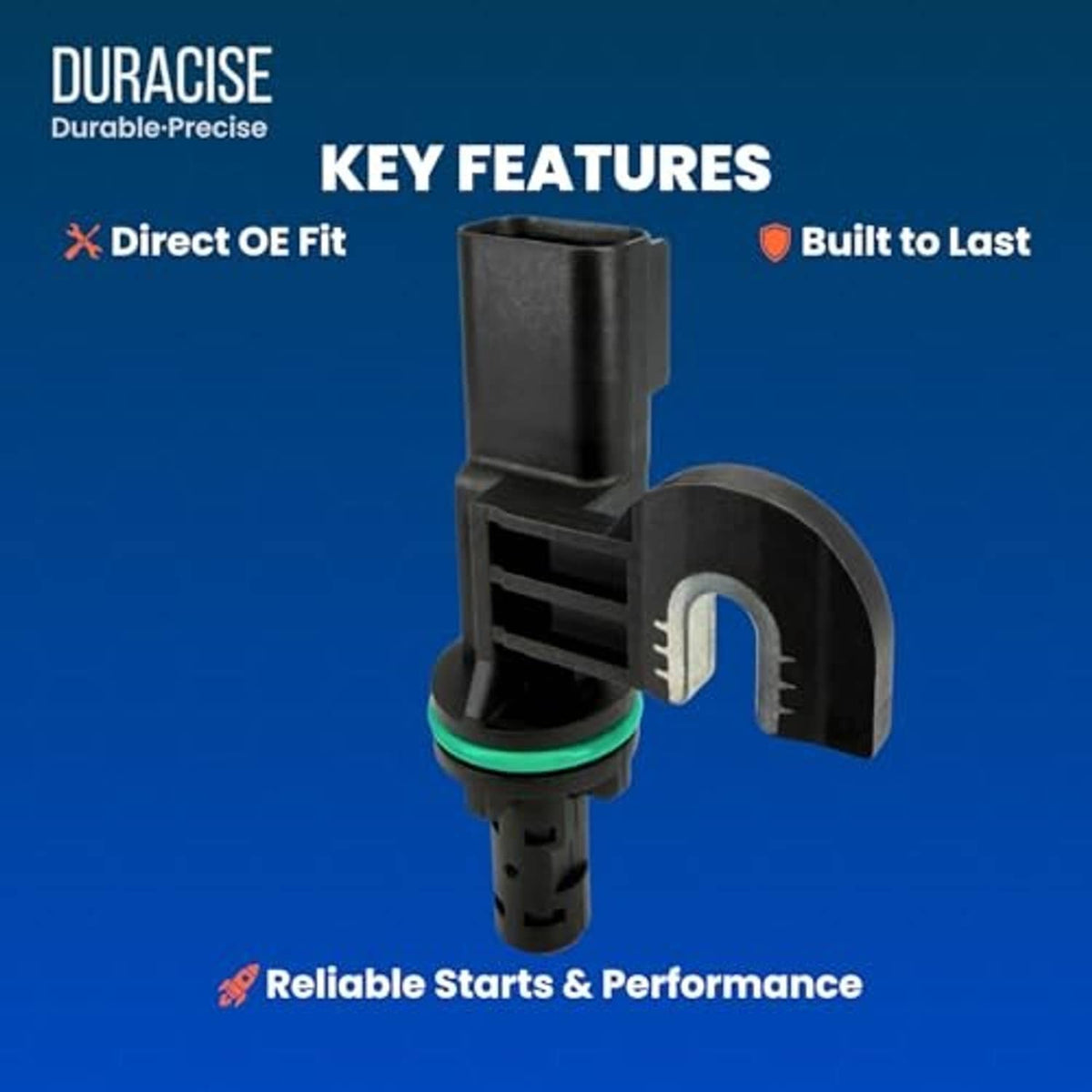 Black camshaft position sensor with green O-ring, bracket mount, and electrical plug