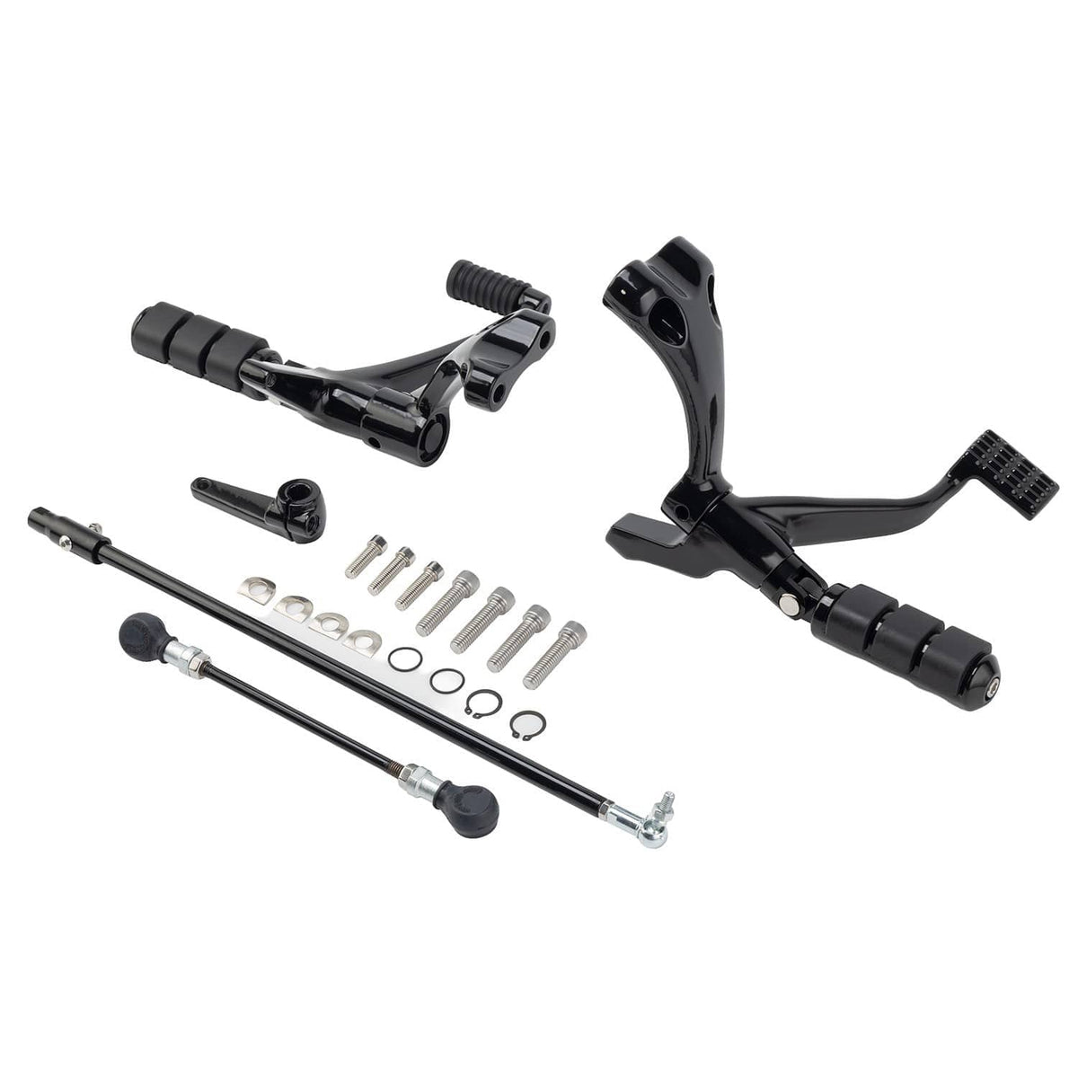 Black motorcycle forward control levers and peg mounts with linkage rod and bolts