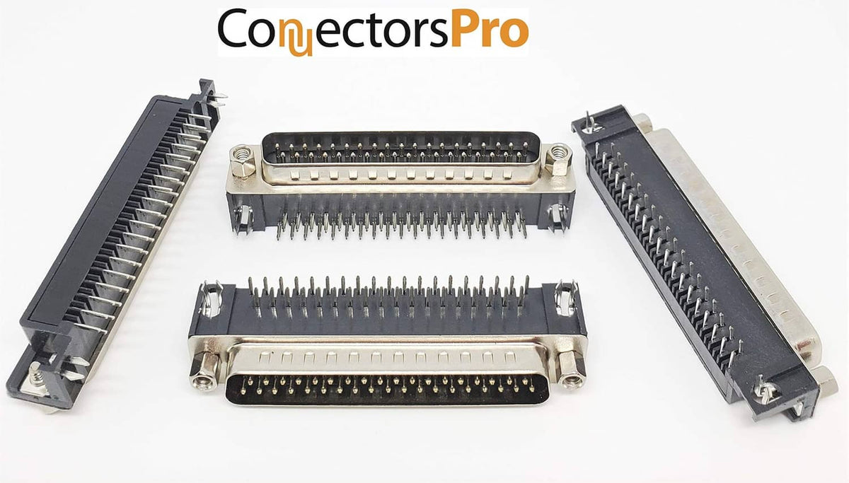 DB37 male right-angle PCB mount connectors, 6-pack, three connectors shown together.