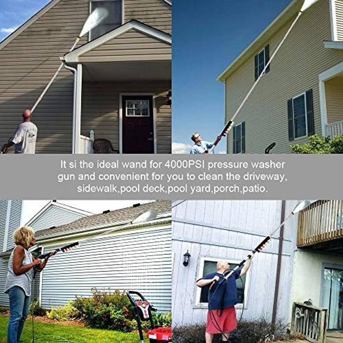 Pressure washer extension wand in use with adjustable spray for house siding and deck