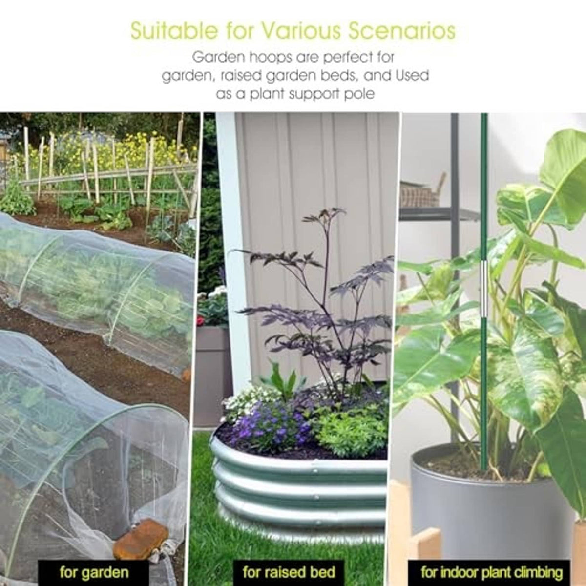Green garden hoop frames supporting plant covers for raised beds and indoor pots