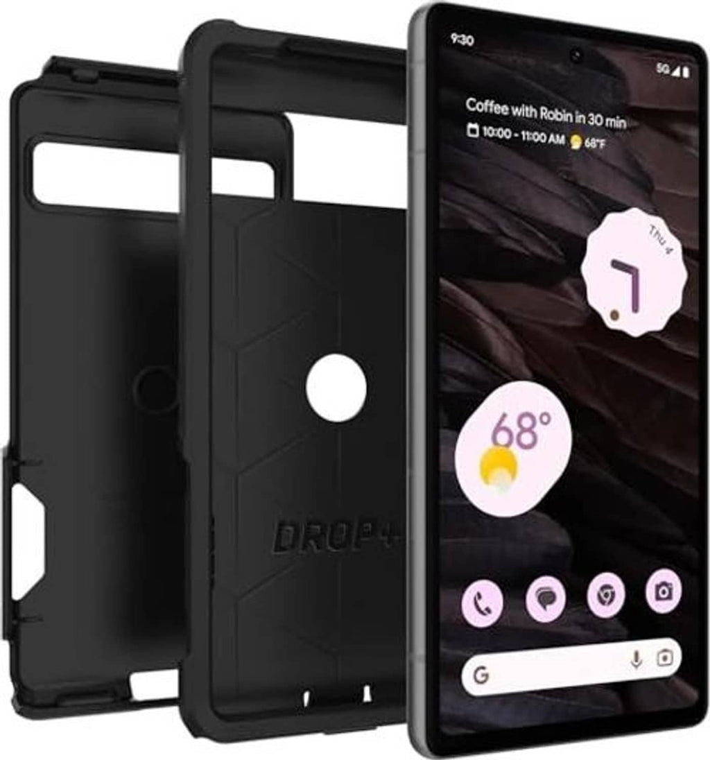 Black OtterBox commuter case with Drop+ branding, showing front display and back cover