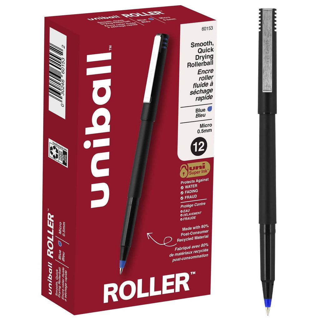 Pack of 12 black rollerball pens with 0.5 mm micro tip, blue ink.