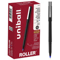 Pack of 12 black rollerball pens with 0.5 mm micro tip, blue ink.