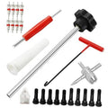 23-piece tire valve stem tool kit with metal installer rod, red handles, and valve parts