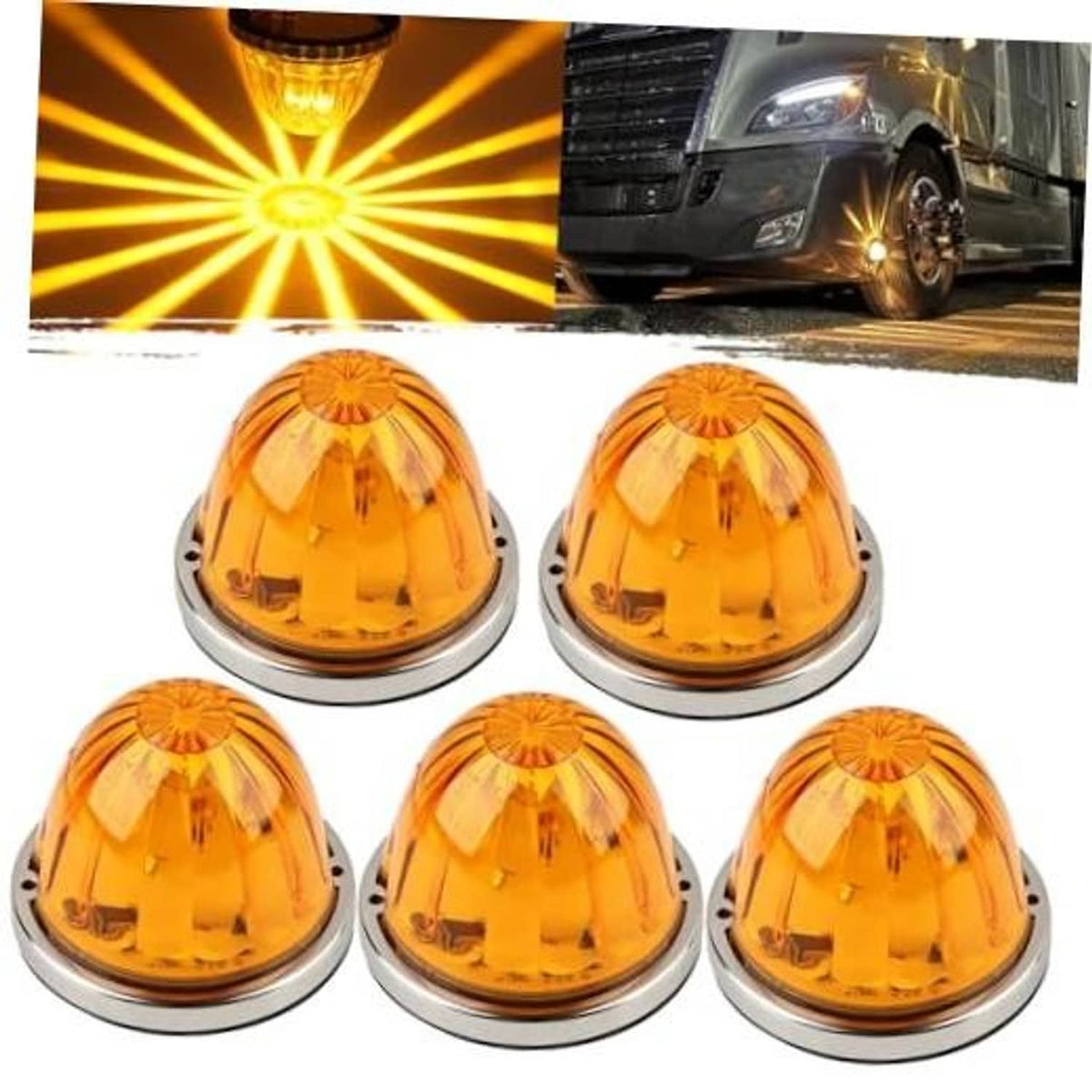 Set of five amber round LED roof marker lights with chrome bases