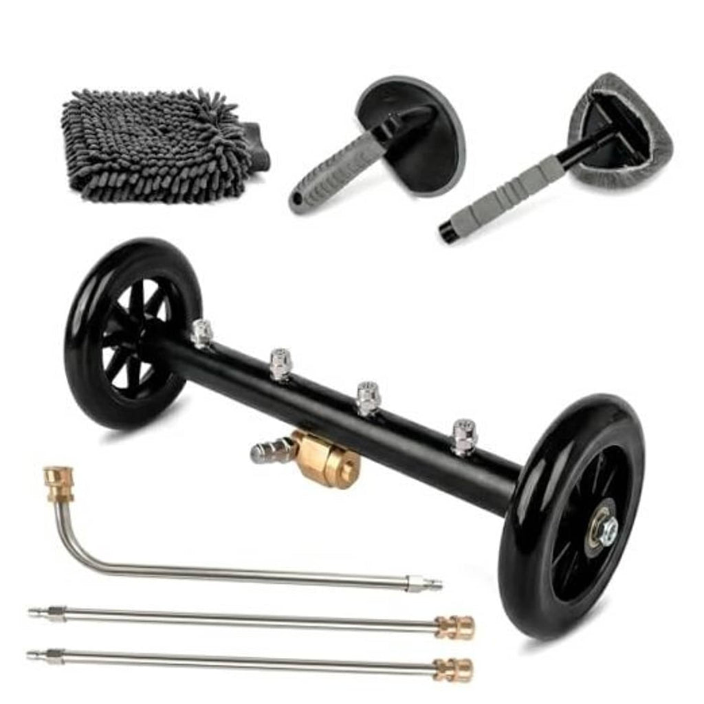 16-inch undercarriage pressure washer cleaner kit with black wheel bar and spray nozzles