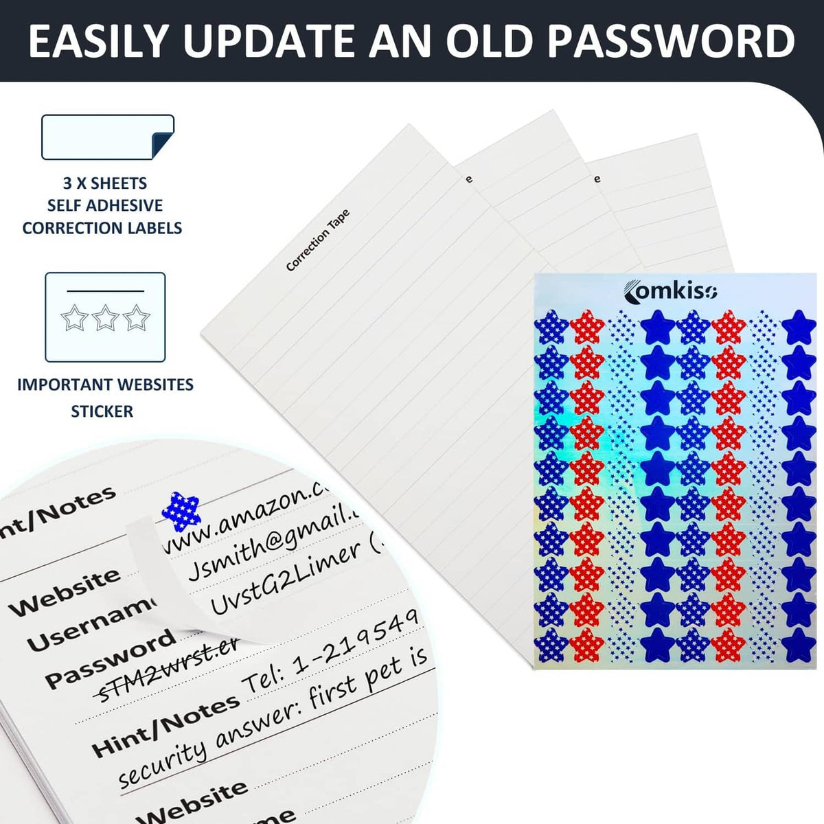 Password notebook with correction label sheets and example password update cards.