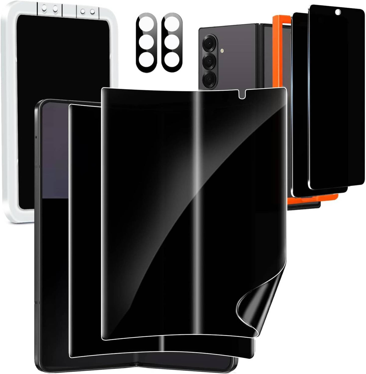 Multiple foldable privacy screen protectors stacked, glossy black with corner cutouts