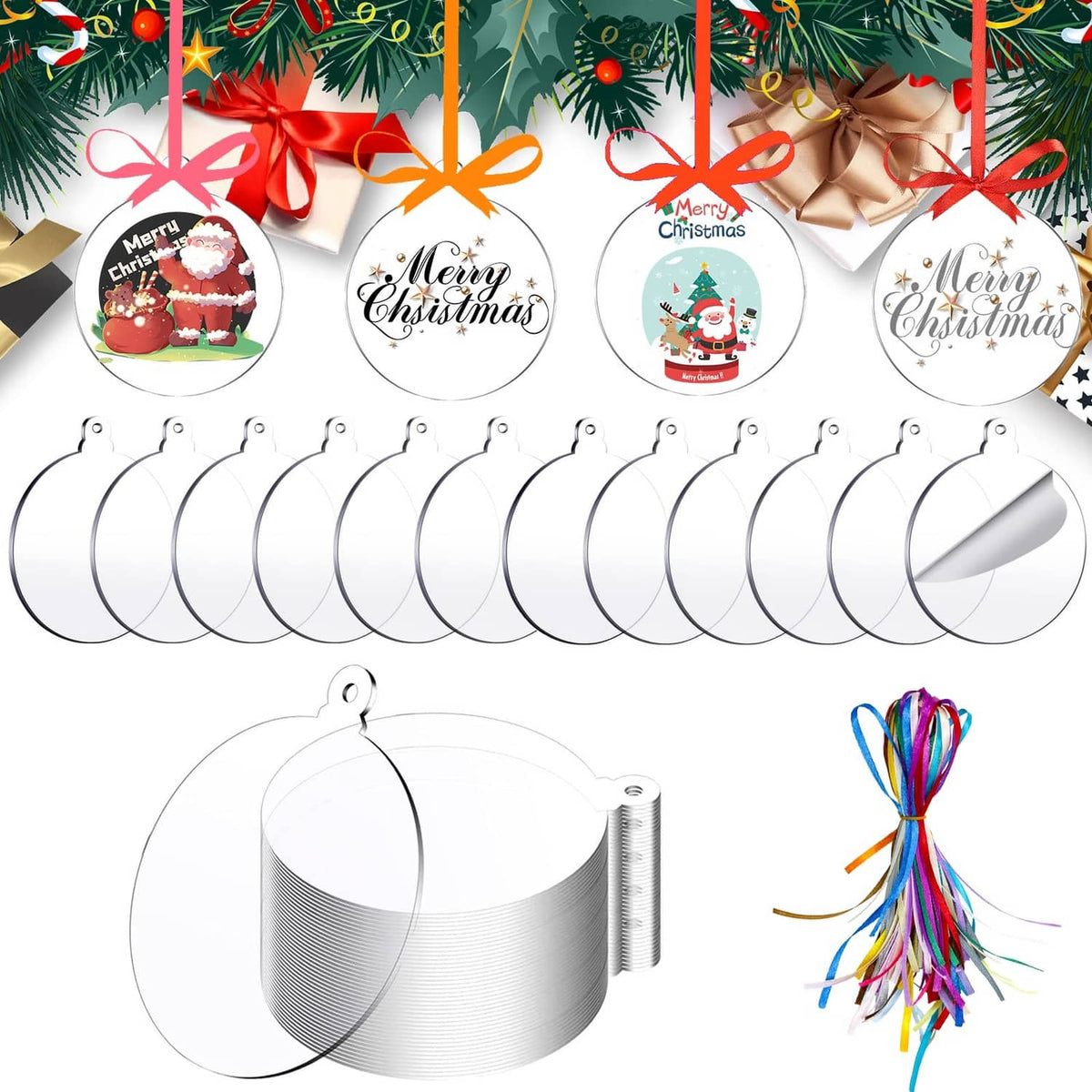Clear round Christmas hanging ornaments, metal loops, and multicolor ribbon tassels