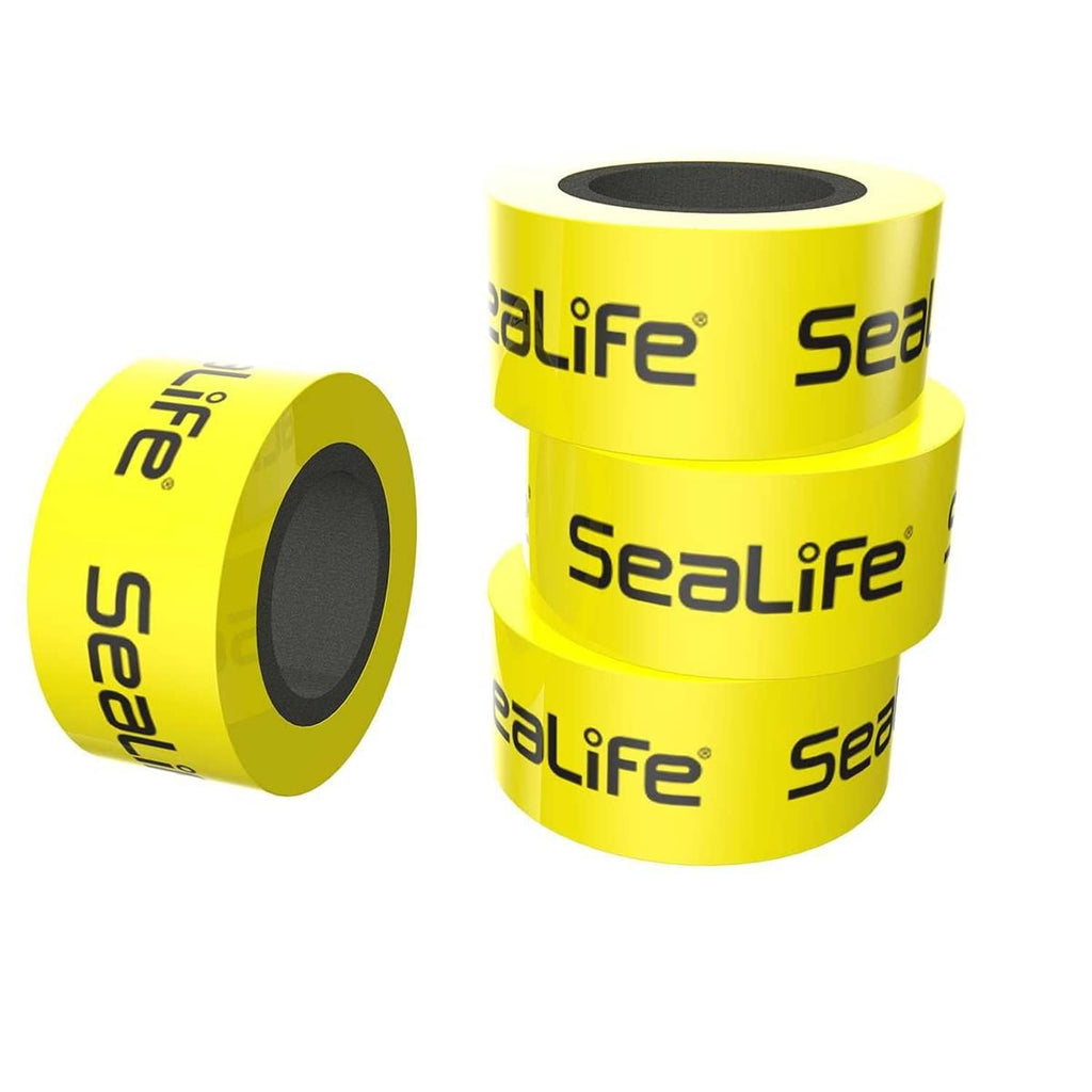 Yellow cylindrical floatation ring for underwater camera with black oval opening