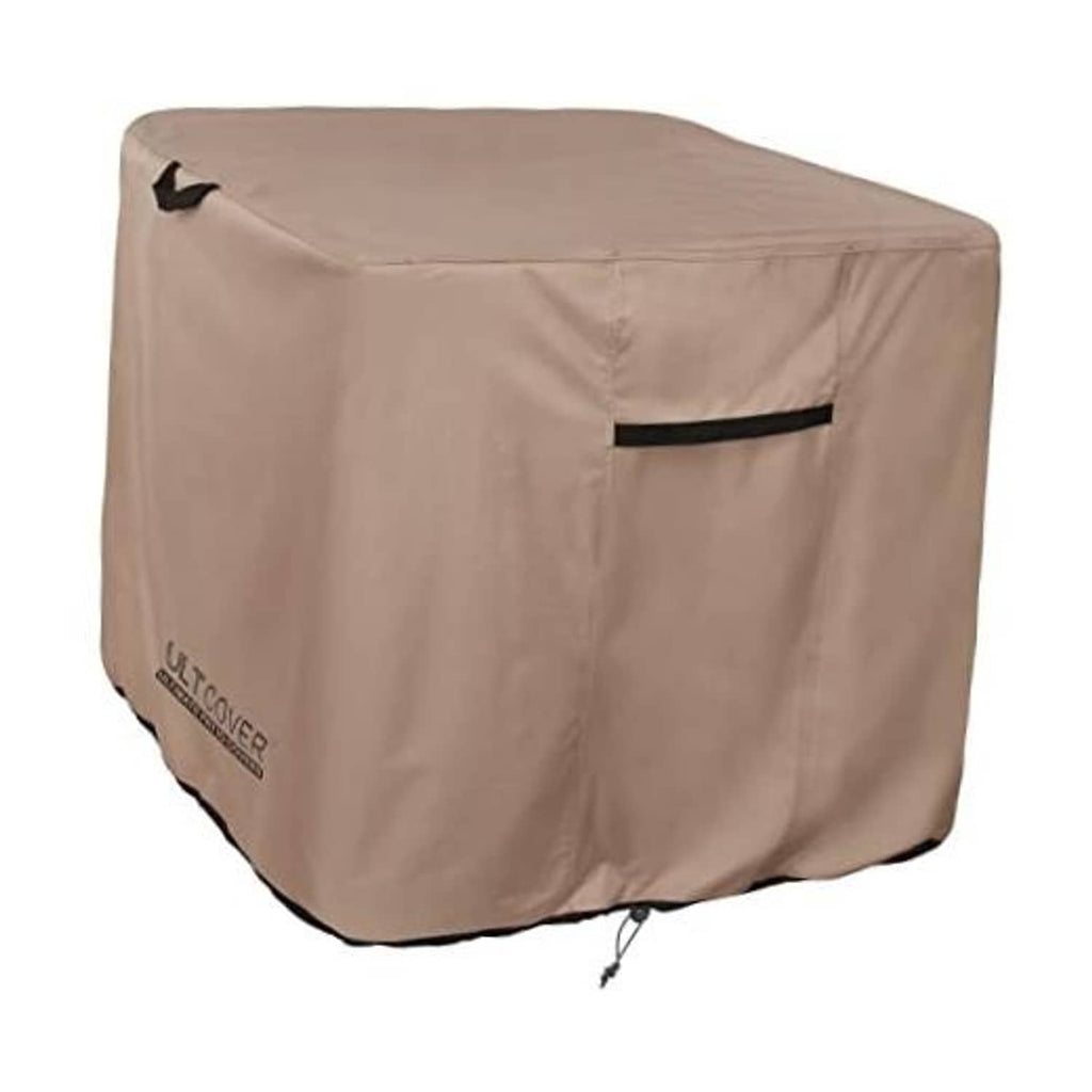 Brown square air conditioner cover with black accent strap and corner fastener tabs