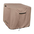 Brown square air conditioner cover with black accent strap and corner fastener tabs