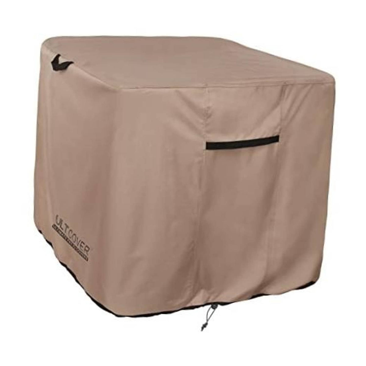 Brown square air conditioner cover with black accent strap and corner fastener tabs