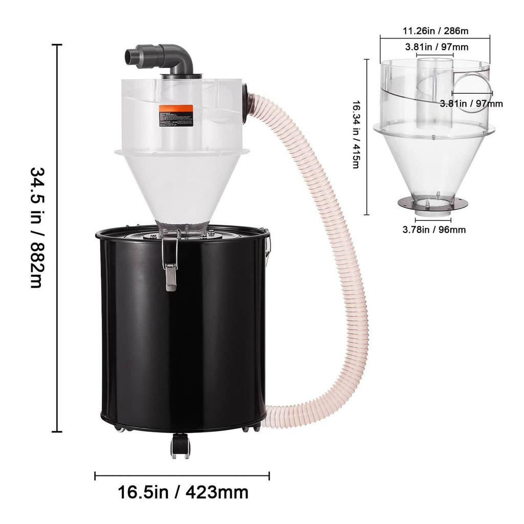 Cyclone dust separator with clear hopper and black drum tank, size diagram view
