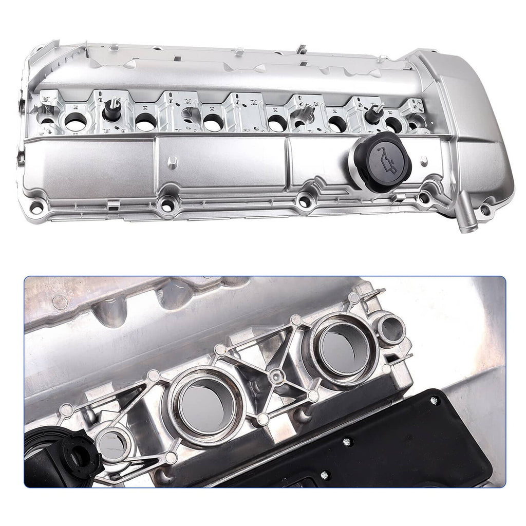 Silver-gray aluminum valve cover with oil cap and mounting holes