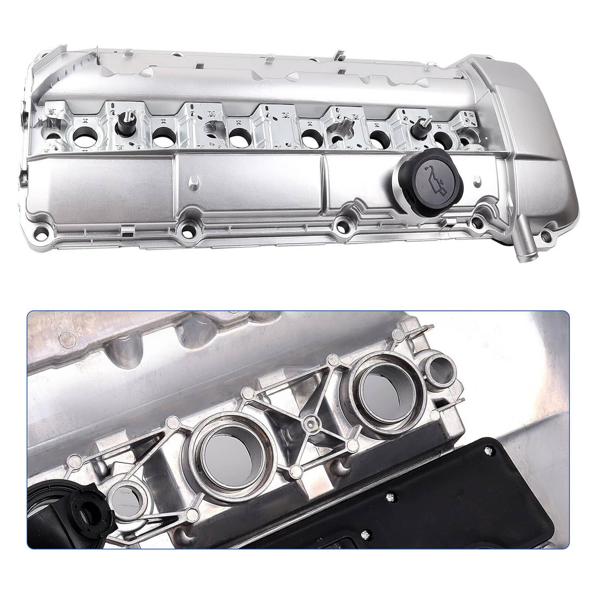 Silver-gray aluminum valve cover with oil cap and mounting holes