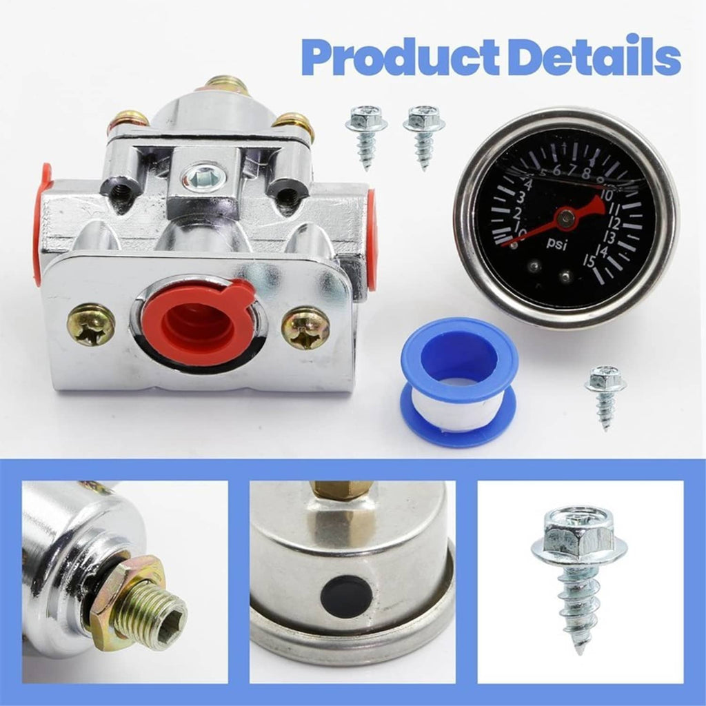 Low fuel pressure regulator with blue spacer, red inlet cap, and round fuel pressure gauge