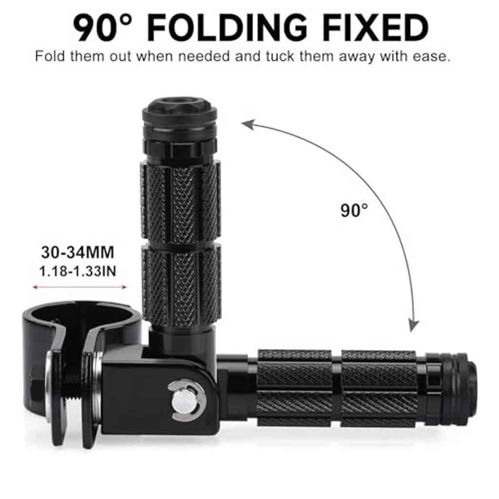 Black 90° folding foot peg mechanism with knurled grip and mounting base
