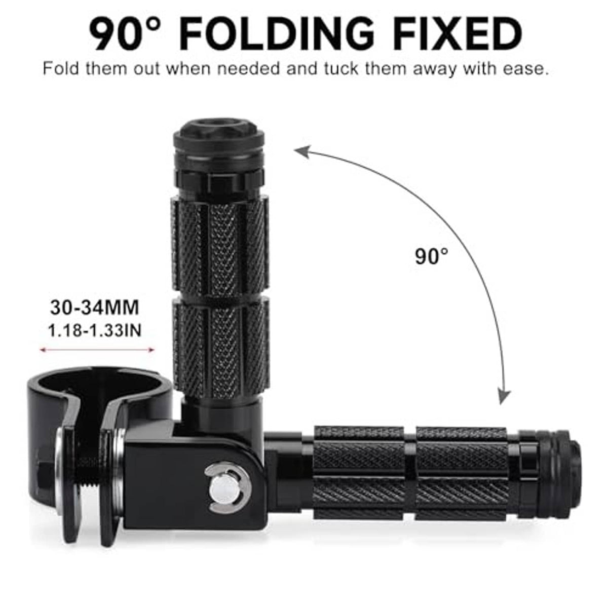 Black 90° folding foot peg mechanism with knurled grip and mounting base