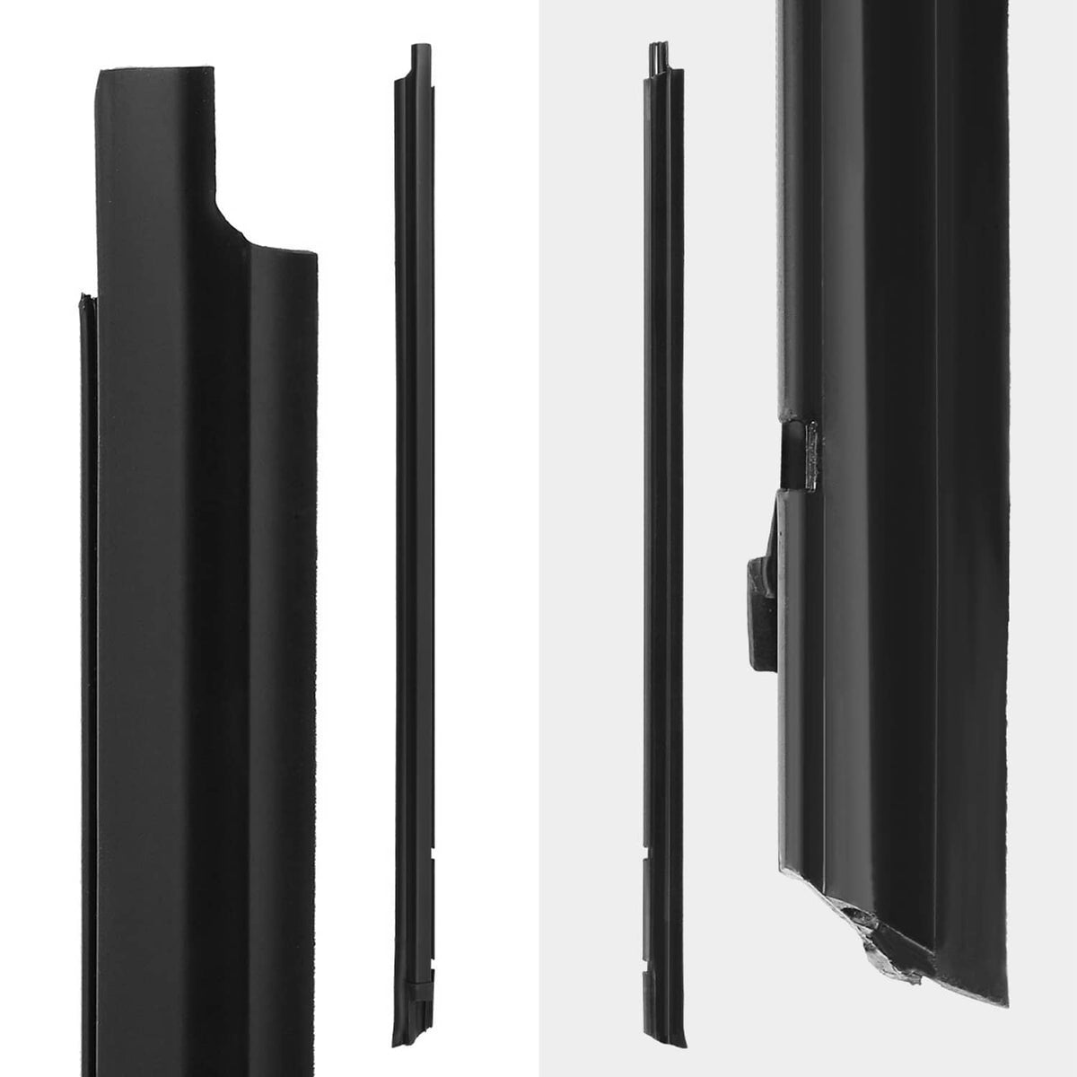 Black window weatherstrip trim seals showing end caps and channel openings
