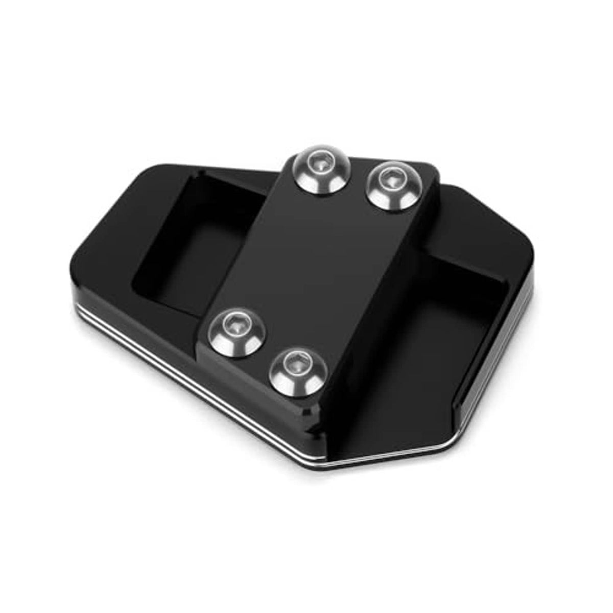 Black mounting base for motorcycle brake lever extender with four bolt holes