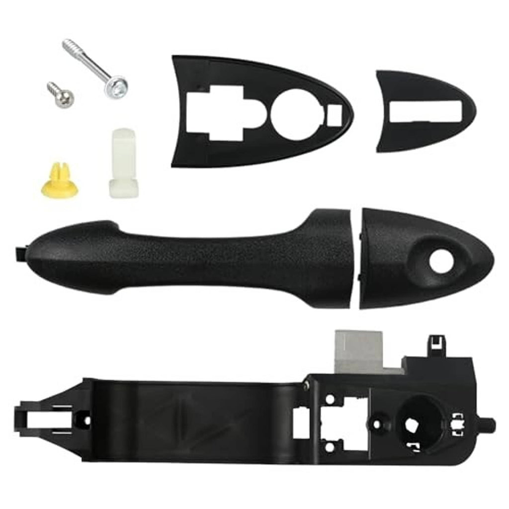 Exterior door handle kit with black handle, trim covers, and reinforcement plate parts