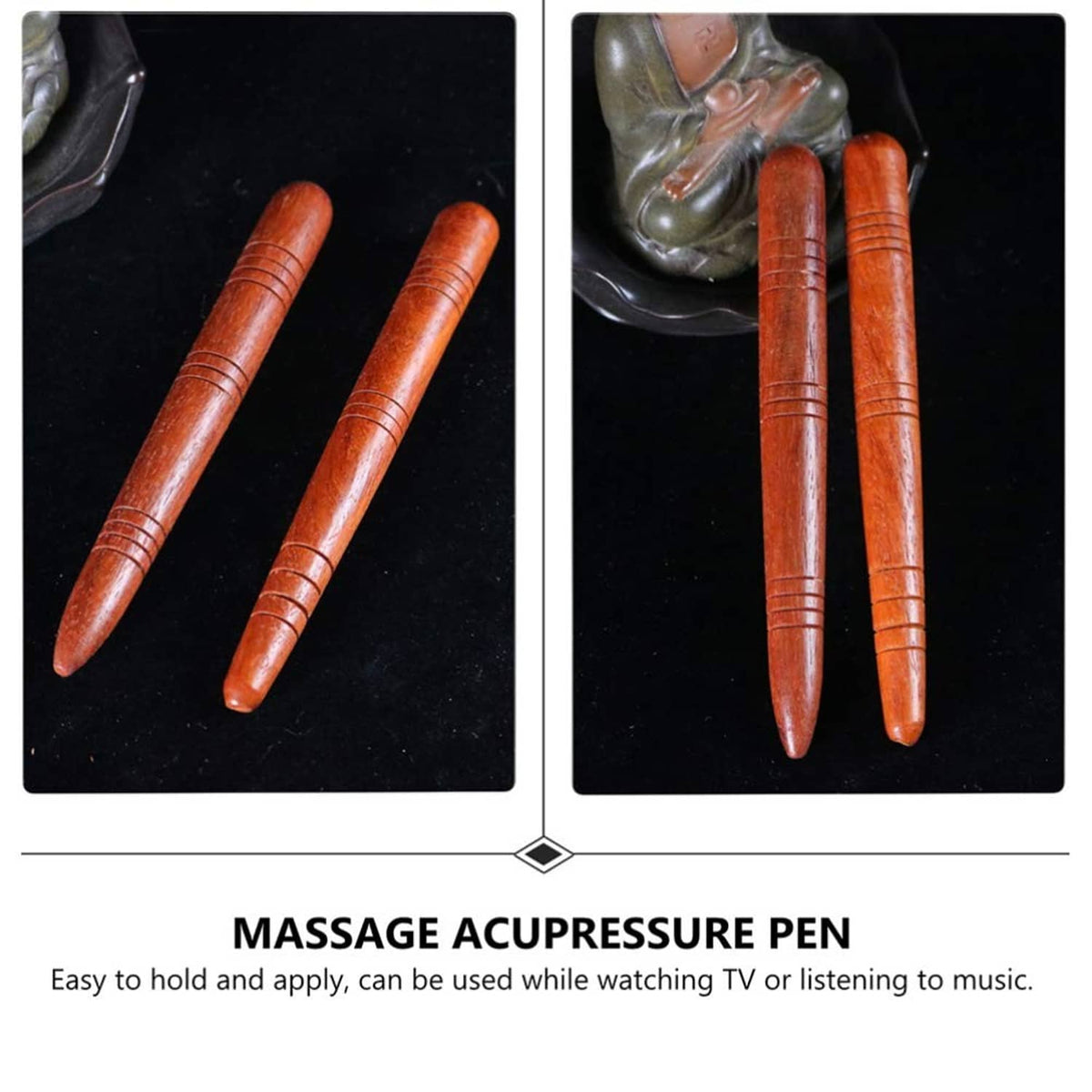 Two brown wooden acupressure massage pens with ridged grip rings and pointed tips