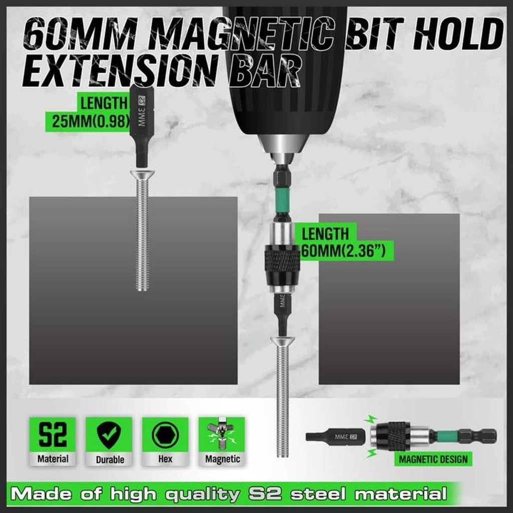 Magnetic bit holder extension bar, 60mm length, with hex bit and green detail