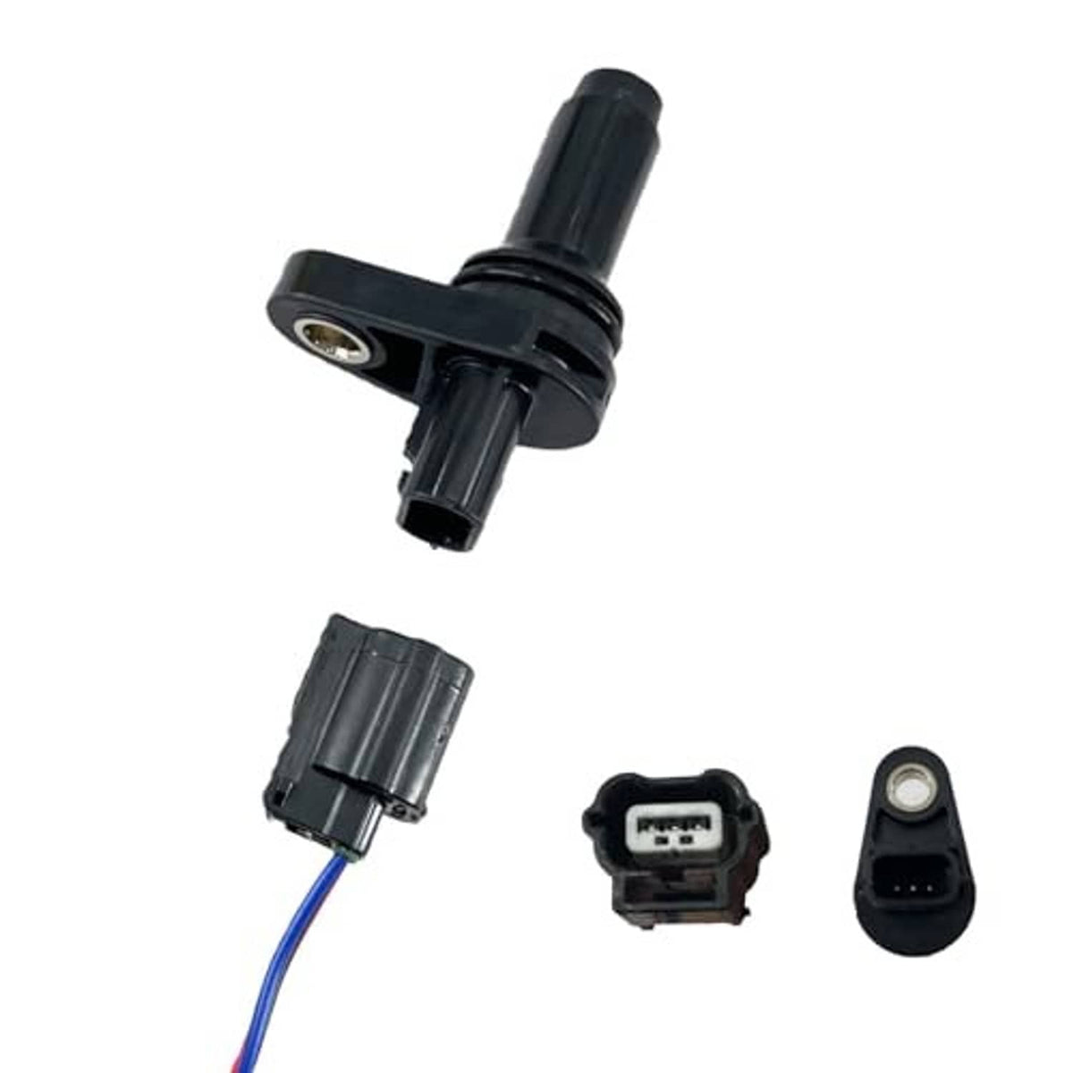 Black crankshaft position sensor with connector plug, plus wire harness and matching sockets