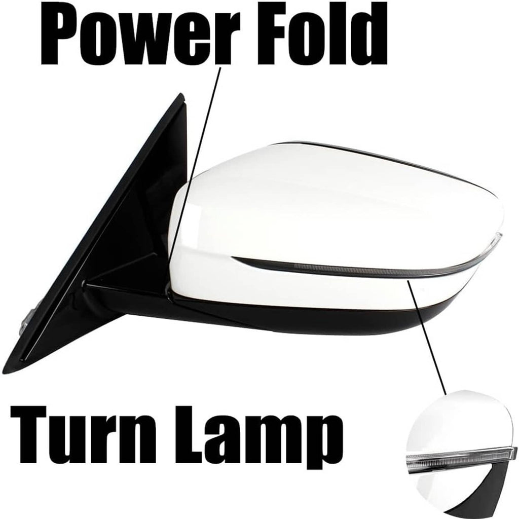 Power fold left driver side mirror with white cap, black backing, and turn lamp strip