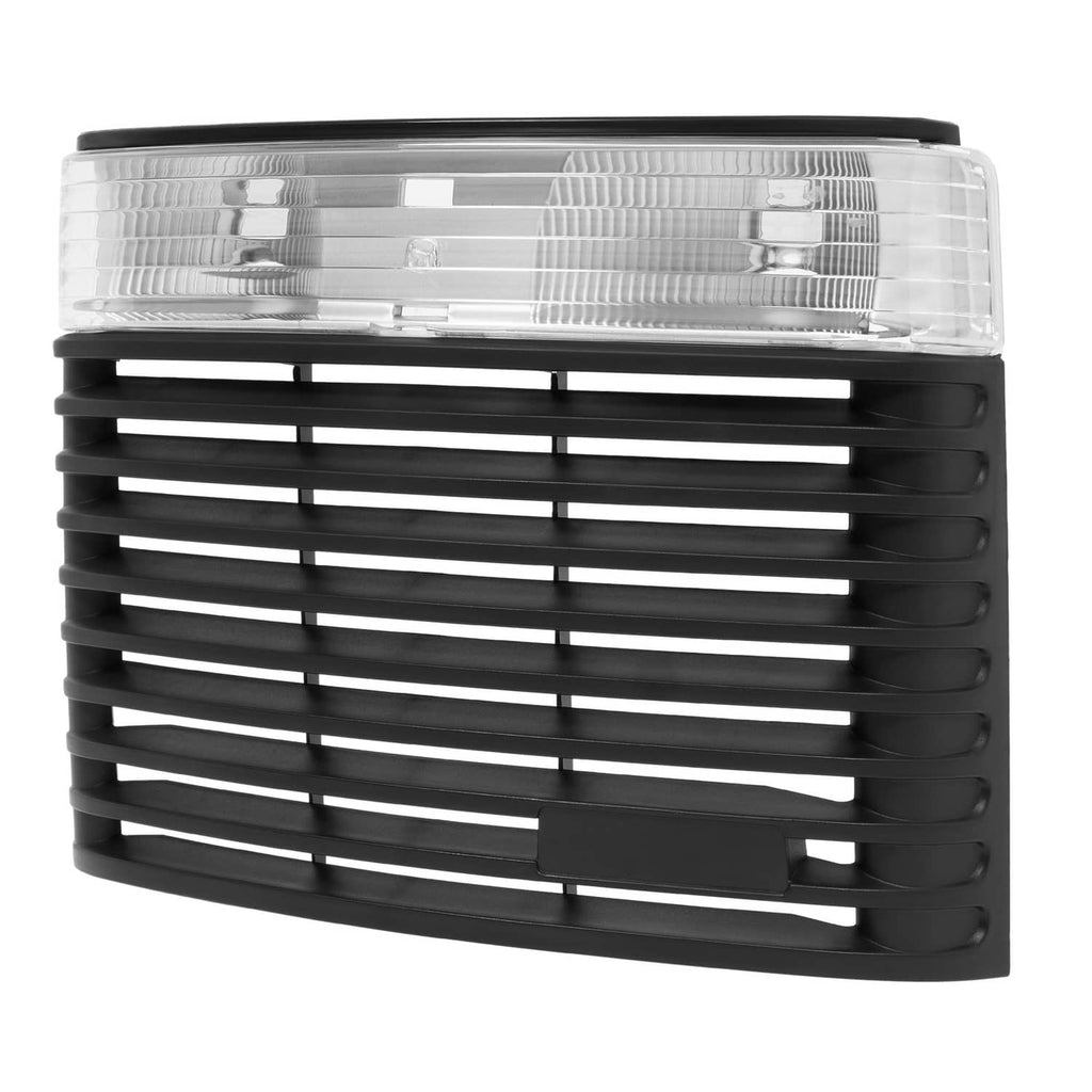 Front hood grille with headlight lens, front view with clear lens and black slat bars