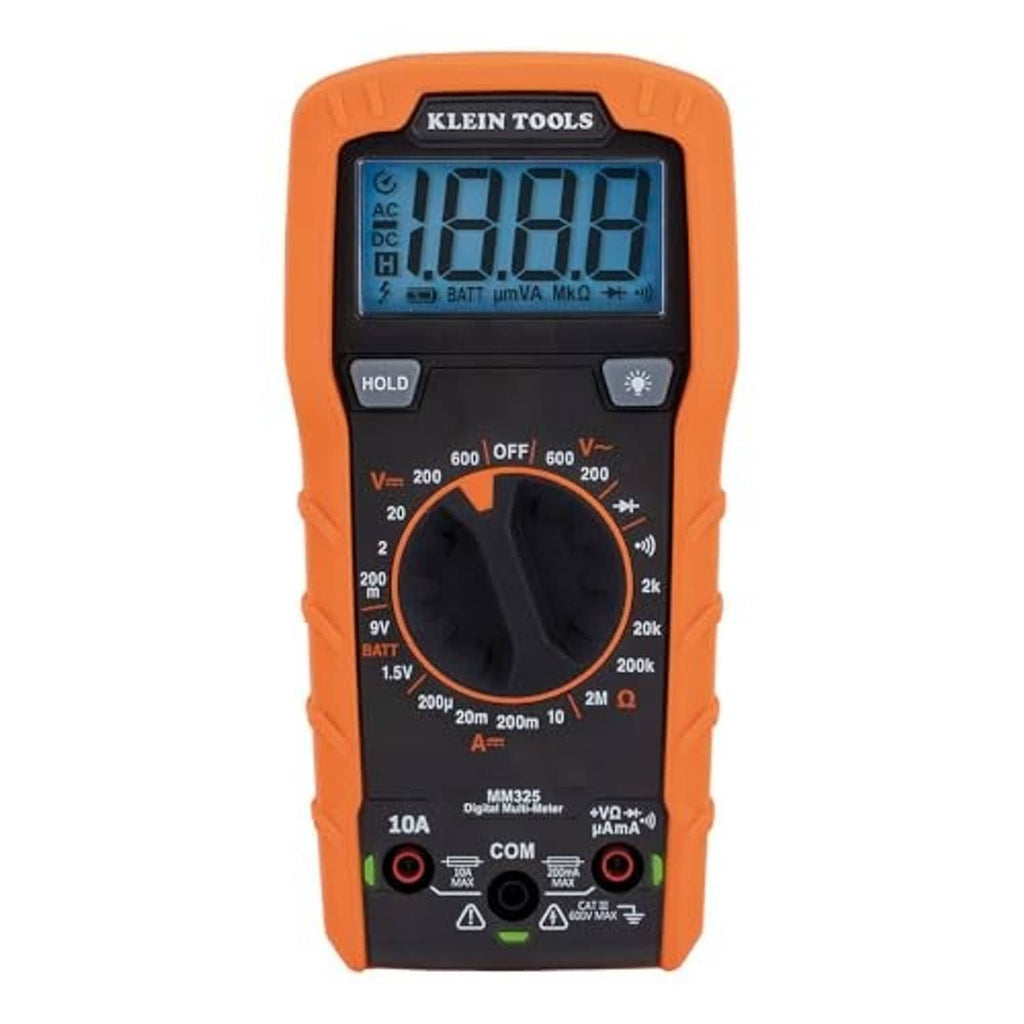 Handheld digital multimeter in orange with LCD screen, HOLD button, and input jacks.
