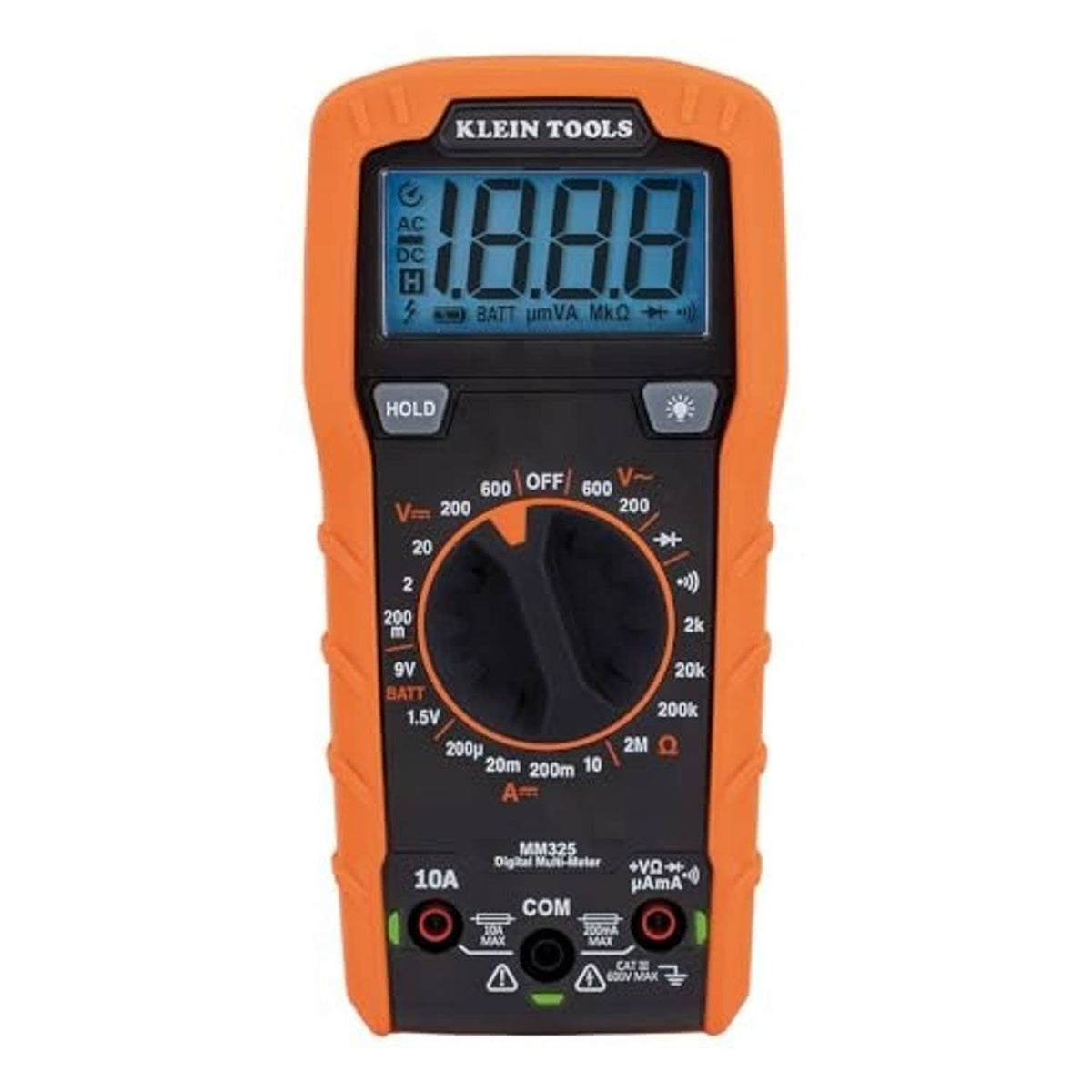 Handheld digital multimeter in orange with LCD screen, HOLD button, and input jacks.