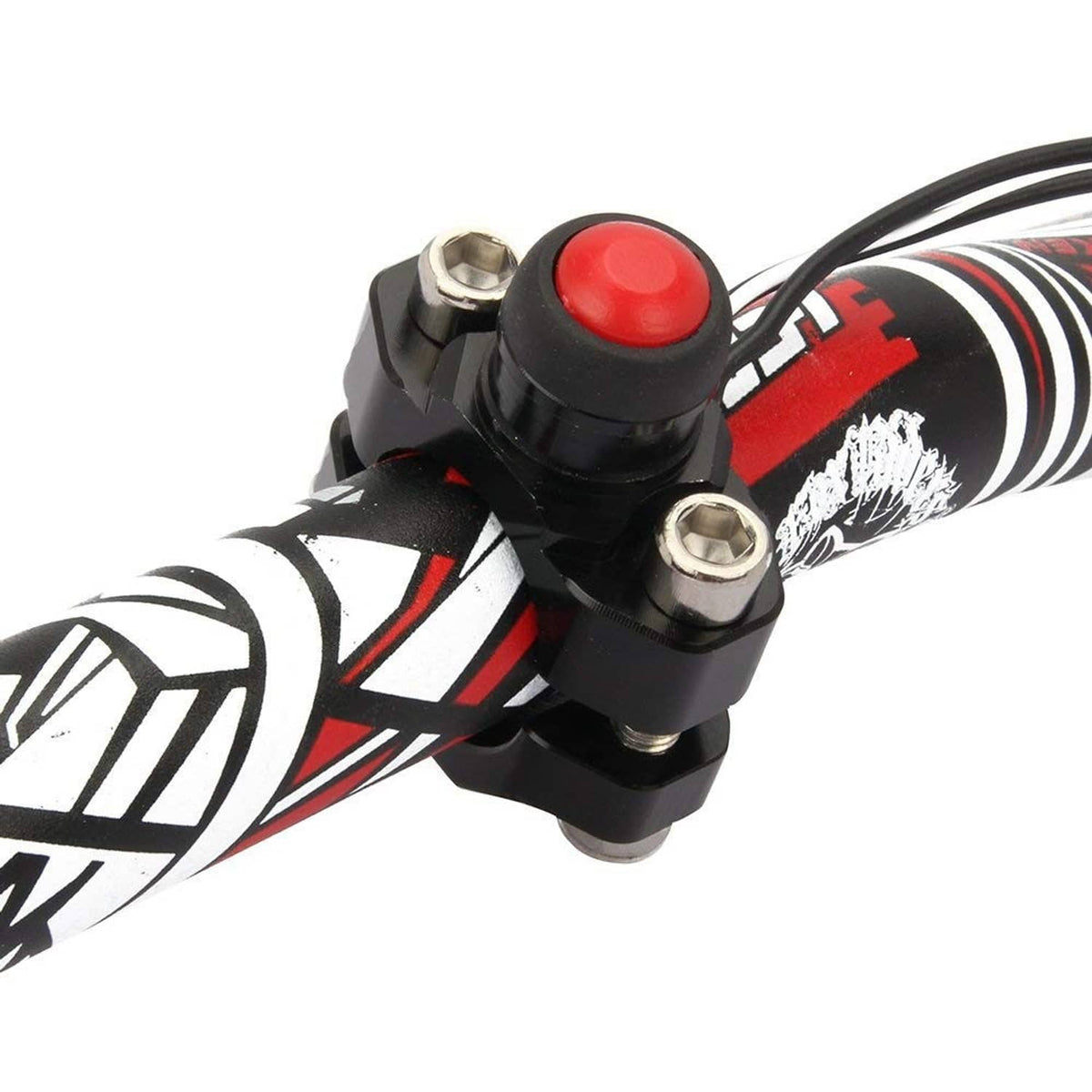 Black kill switch clamp with red button and bolts for handlebar installation