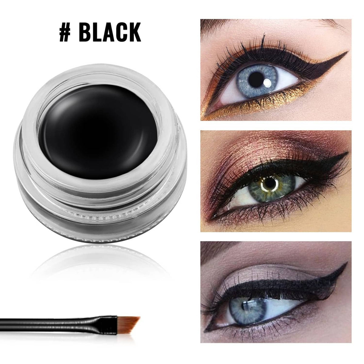 Black gel eyeliner jar with close-up swatches on eyelids