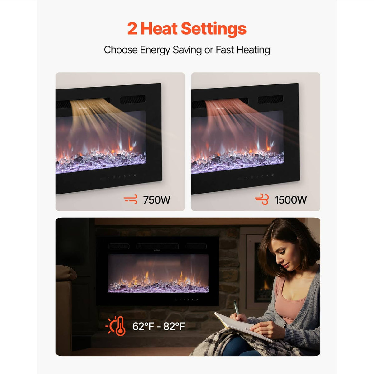 Electric fireplace with adjustable heat settings, flame view and heating indicator icons