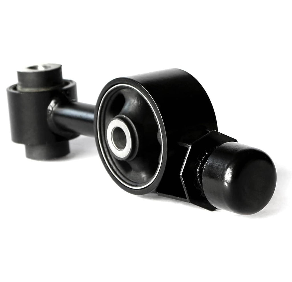 Black engine motor mount upper torque strut with rubber bushing and metal bracket