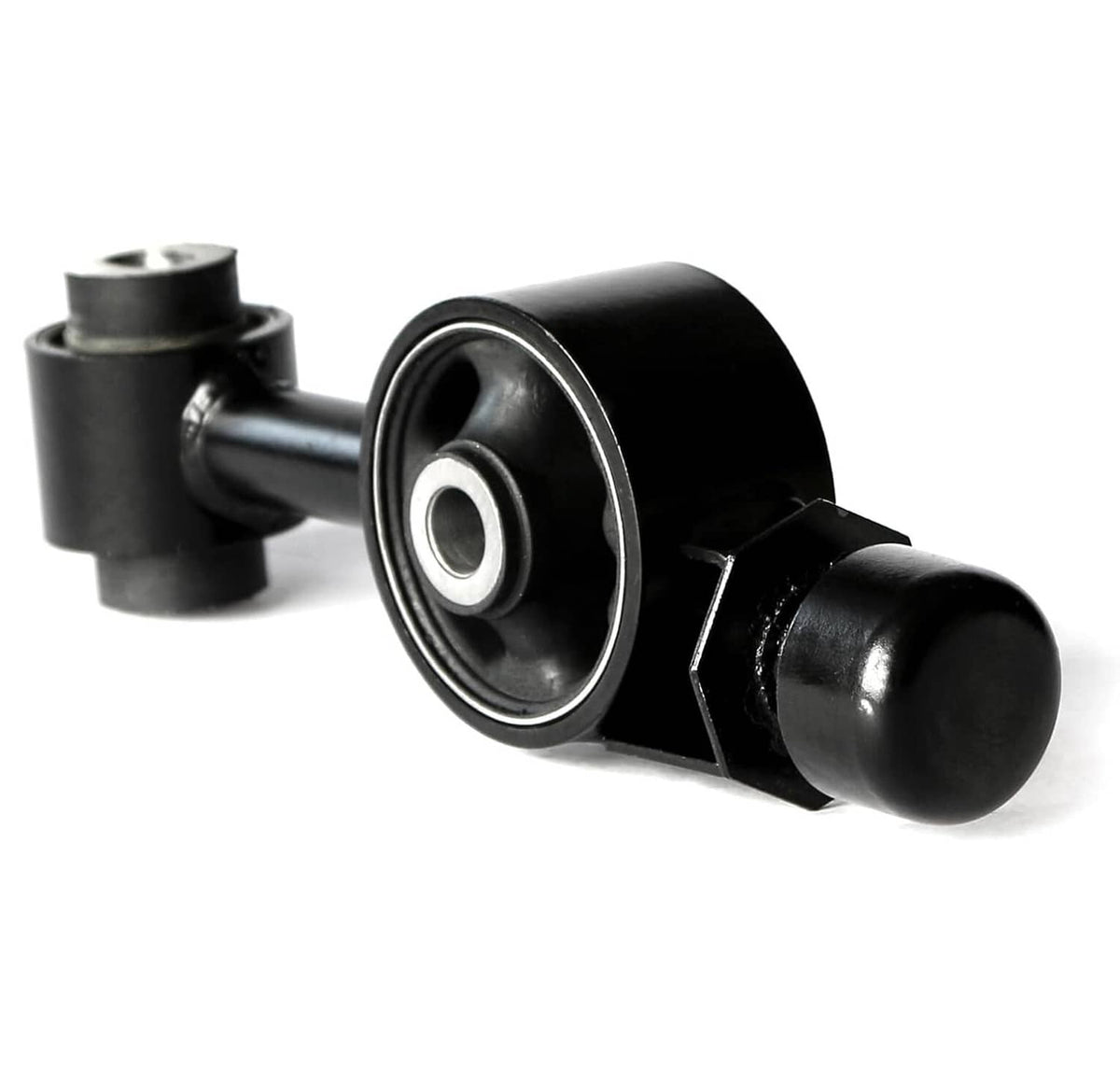 Black engine motor mount upper torque strut with rubber bushing and metal bracket