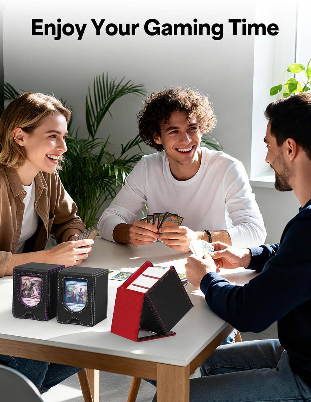 Black card deck box set on a table with front display windows