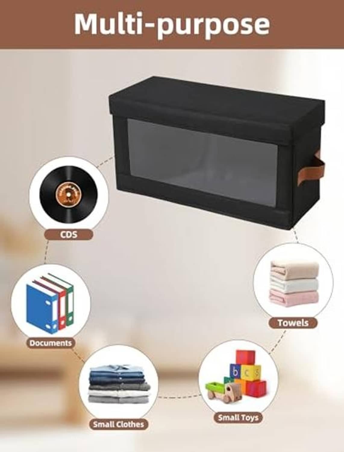 Black storage box with clear window and handle straps, multi-use organizer