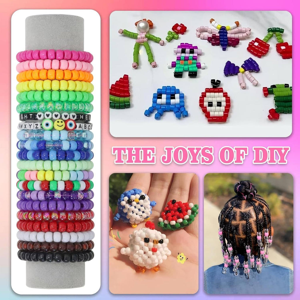 Pony beads bracelet set with stacks of multicolor beads, alphabet beads, and DIY sample shapes