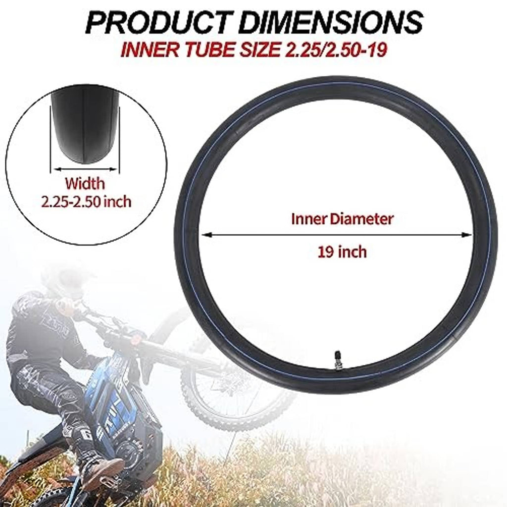Motorcycle inner tube size diagram: 19 in inner diameter, 2.25/2.50-19 width