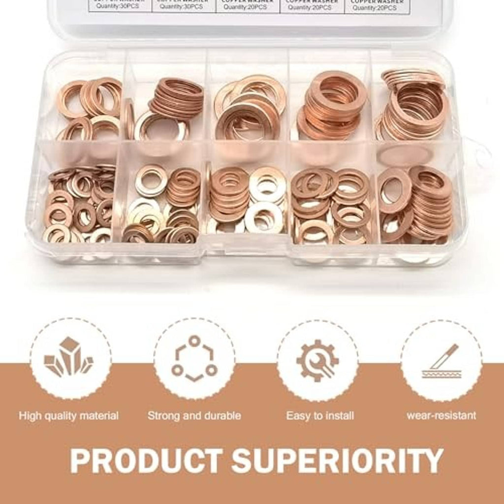 Copper crush washer assortment in divided clear box with multiple washer sizes